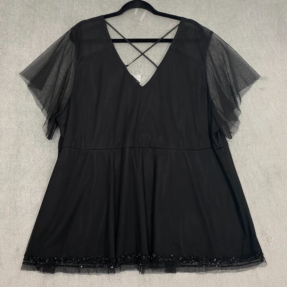 Torrid Women Top 4 Black Beaded Mesh Flutter Sleeve Office Siren Whimsigoth‎ - Picture 4 of 12
